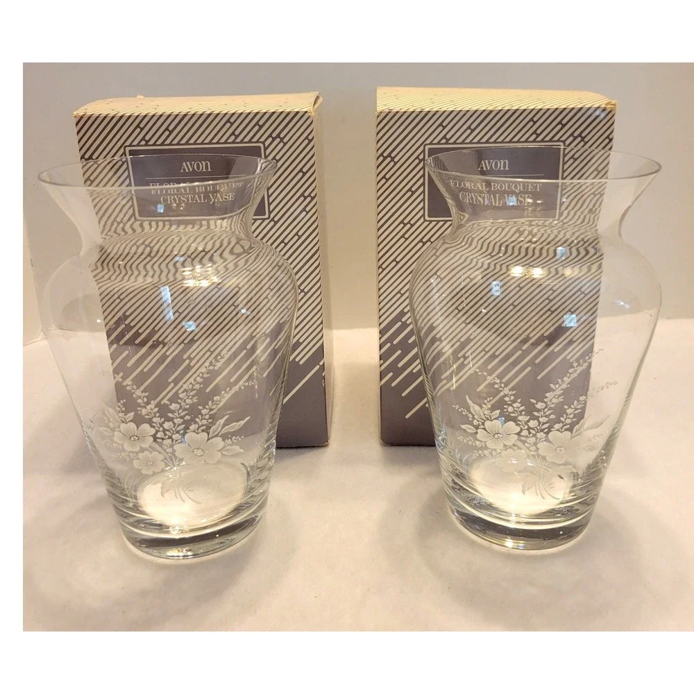 Vtg Avon Floral Bouquet Lead Crystal Vase Etched Glass Pair Lot of 2 Display